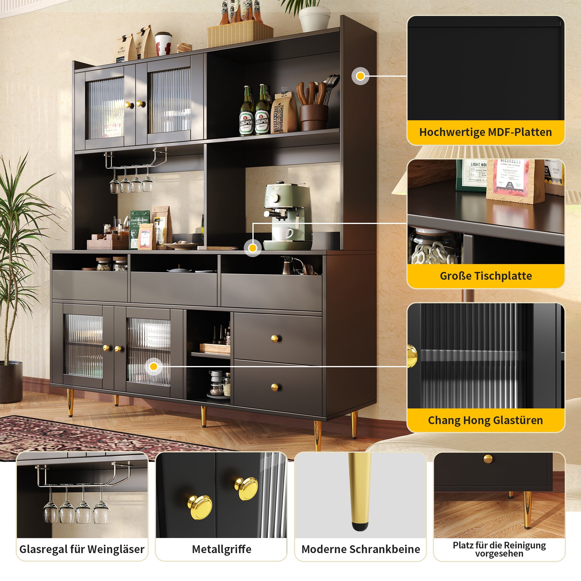 Dining Room Tall Cabinet 145x39x171cm Perforated Glass Doors Wine Rack Storage - Black/Gold
