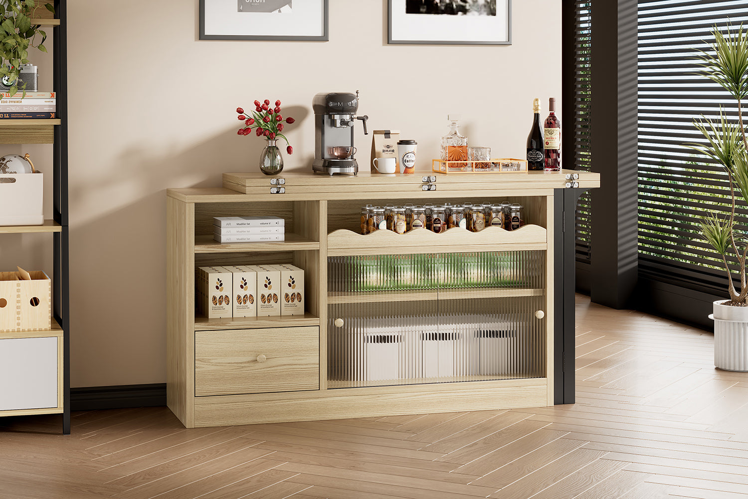 Extendable Folding Dining Table with Storage & 360° Rotation - Natural/Black