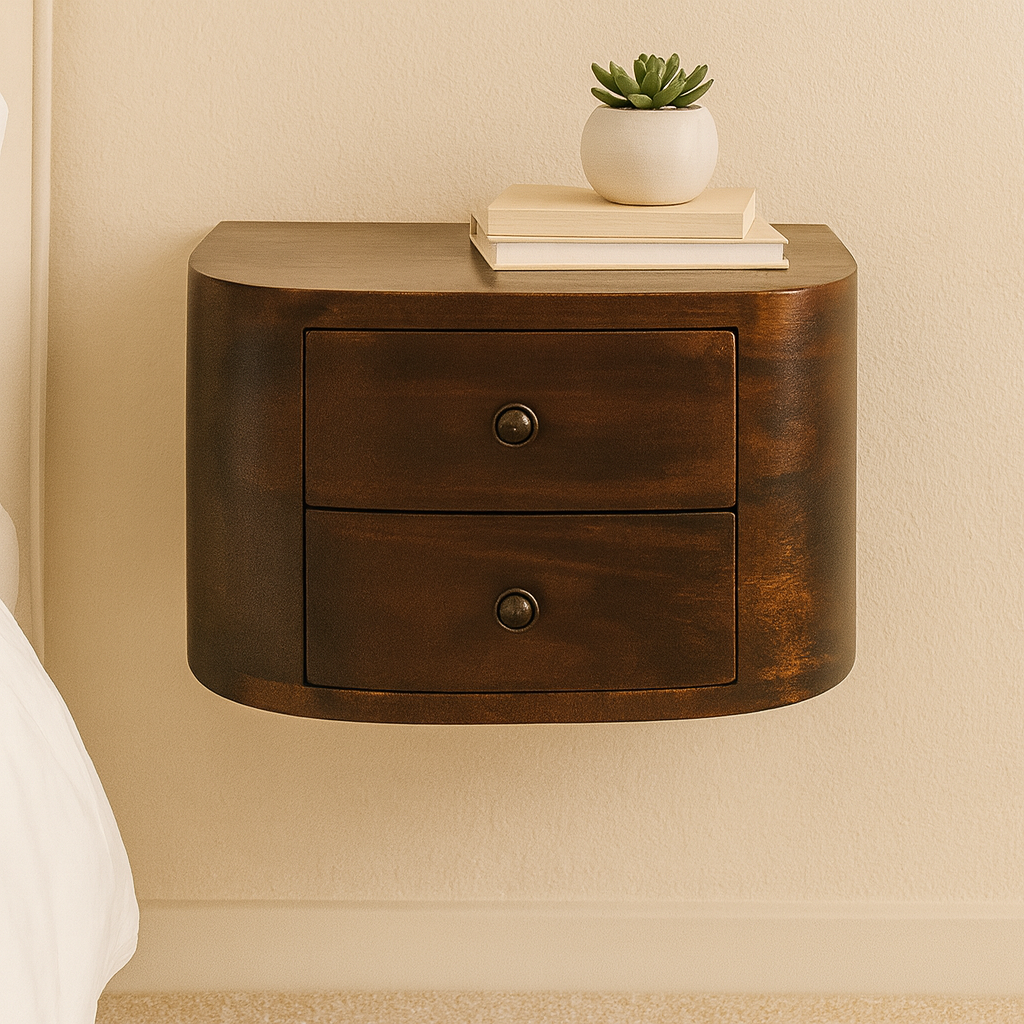Lunar Floating Bedside, 2 Drawers, Solid Wood Dark Brown