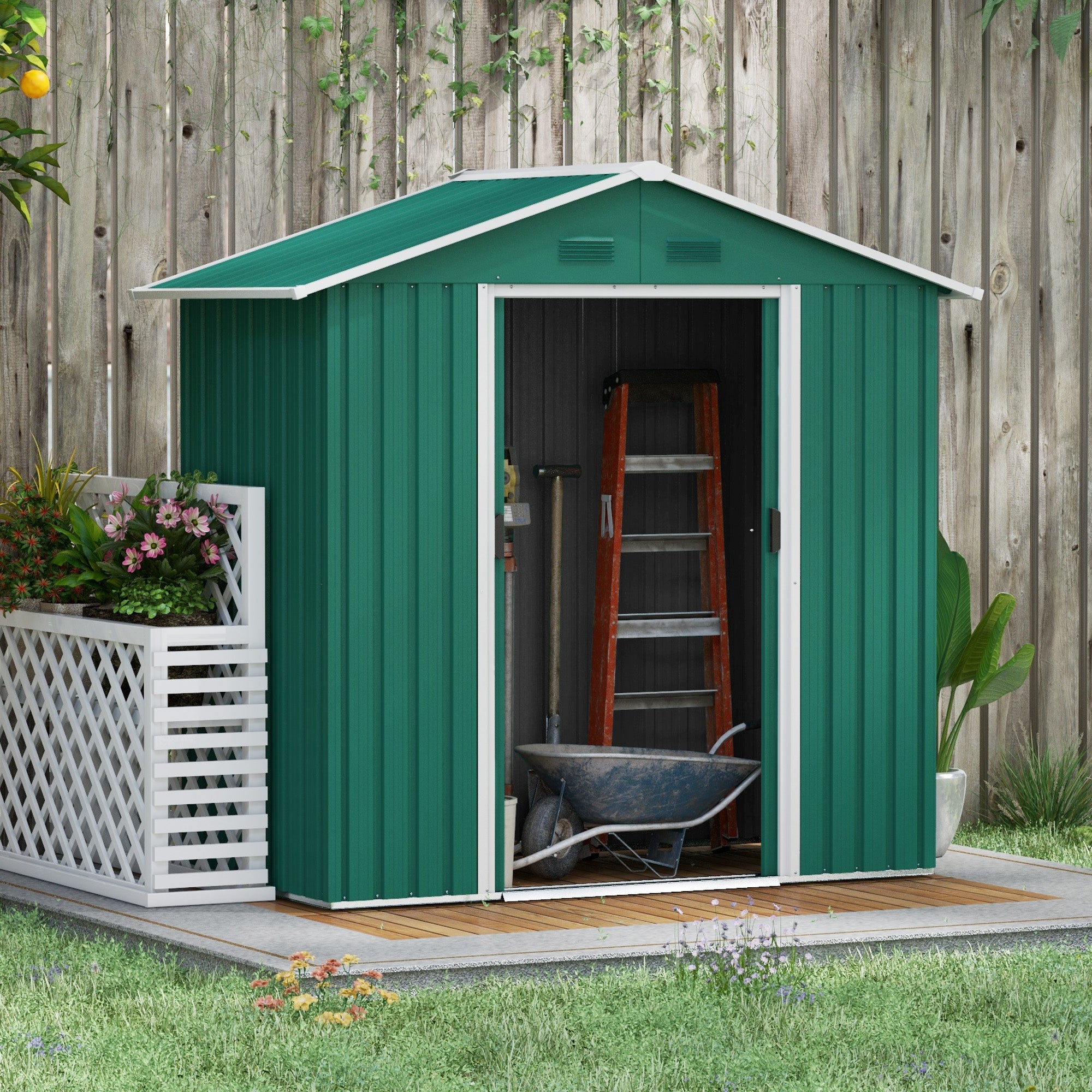 Garden Storage Shed 6.5ft x 3.5ft Double Doors 4 Vents Metal Green