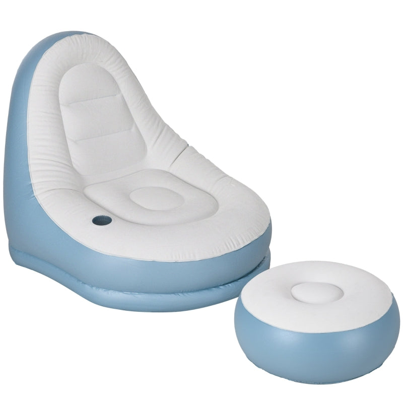 Inflatable Tub Chair and Footstool, Two-Piece Set, Blue/White