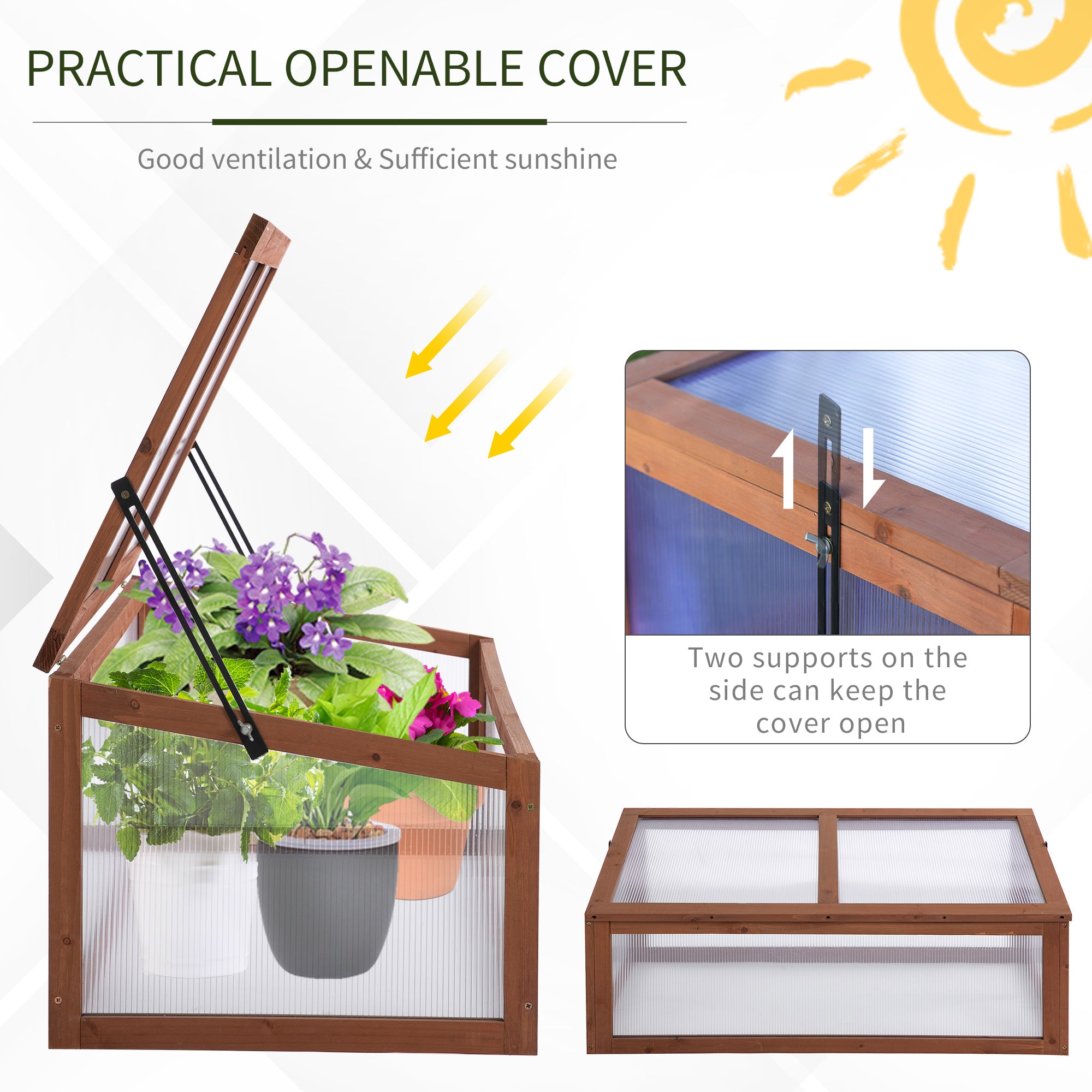 Wooden Cold Frame Greenhouse, Small Polycarbonate Openable Top, Brown