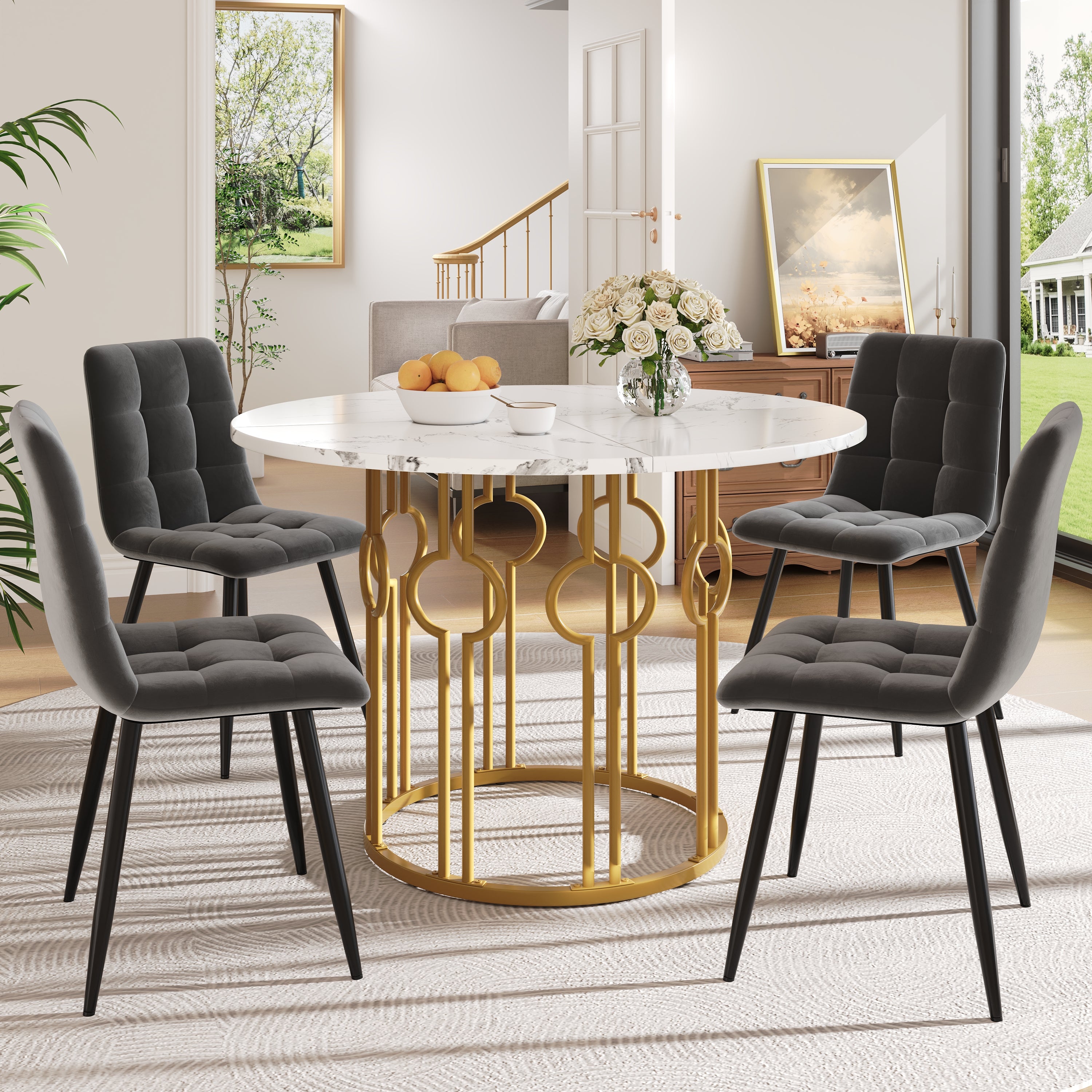 Dining Table Set, 5 Piece Round with 4 Chairs, Gold Legs, White MDF & Dark Grey Velvet