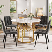 Dining Set 5-Piece Round Table 100cm, 4 Chairs, Gold Metal Legs, White MDF Top | Dark Grey Velvet