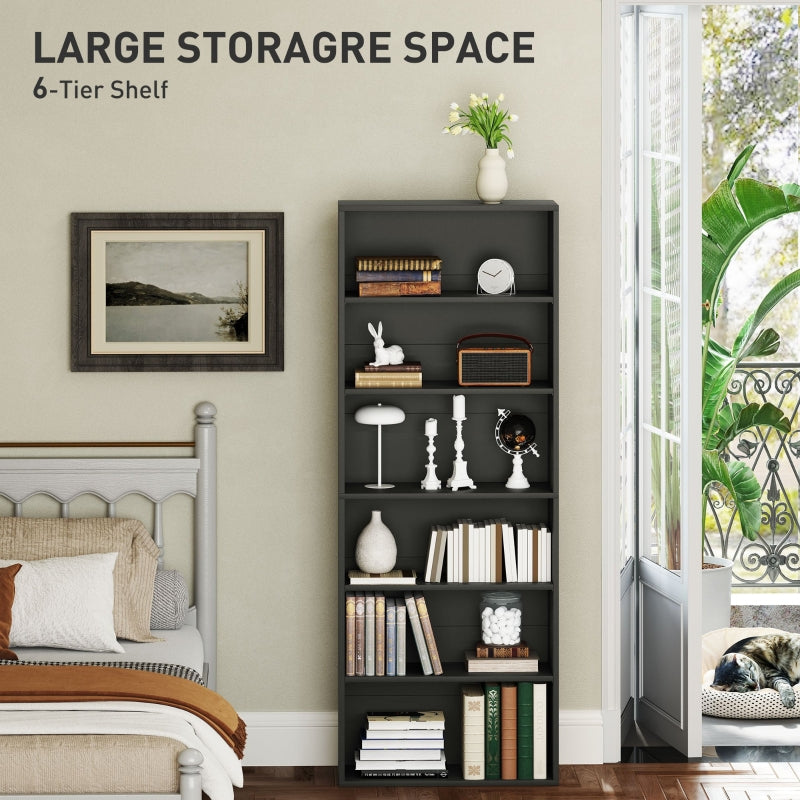 Six Shelf Bookcase, Adjustable Shelves Sturdy Particle Board, Black