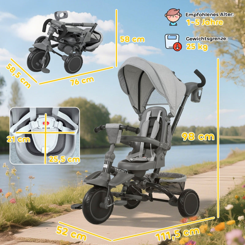 Children's Tricycle, 6-in-1 Buggy for Toddlers with Adjustable Seat and Foldable Design, Grey