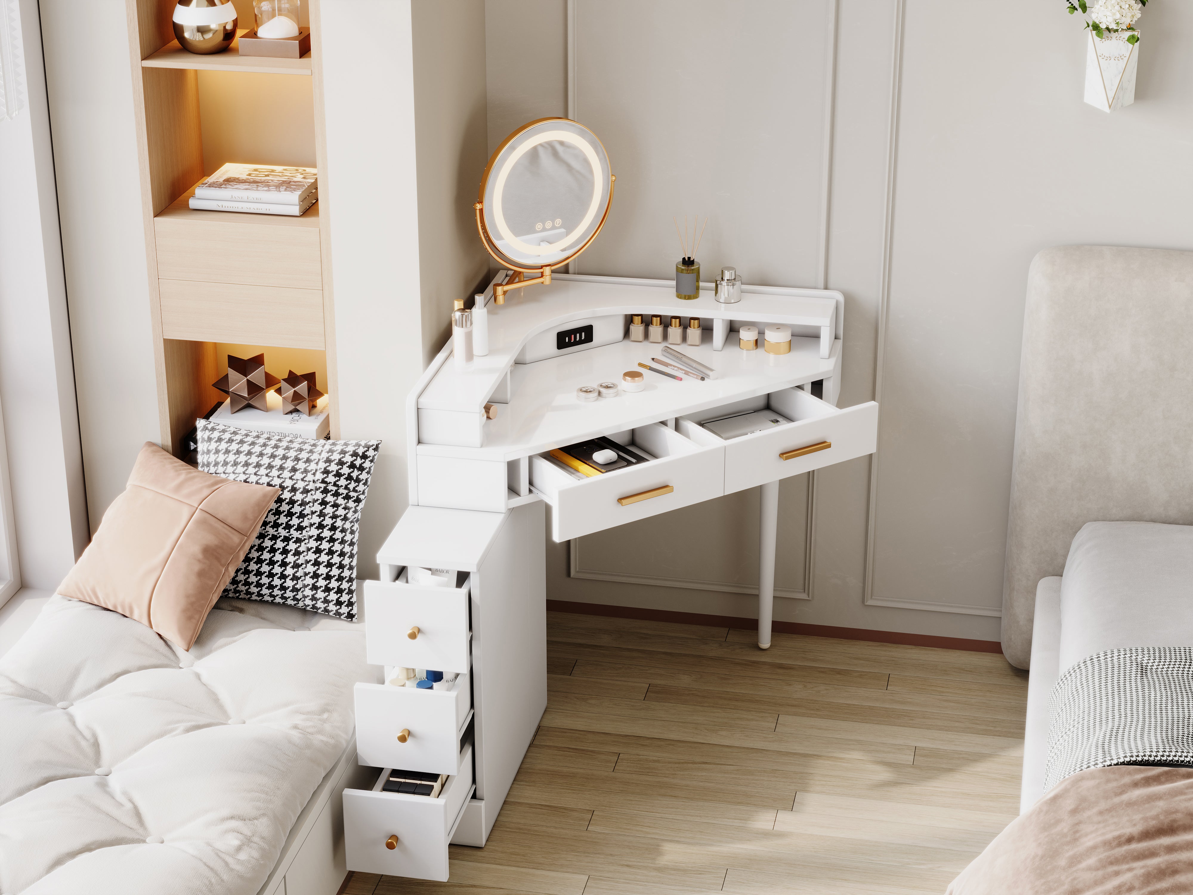 Corner Dressing Table Rotating LED Mirror 5 Drawers USB-C Ports White