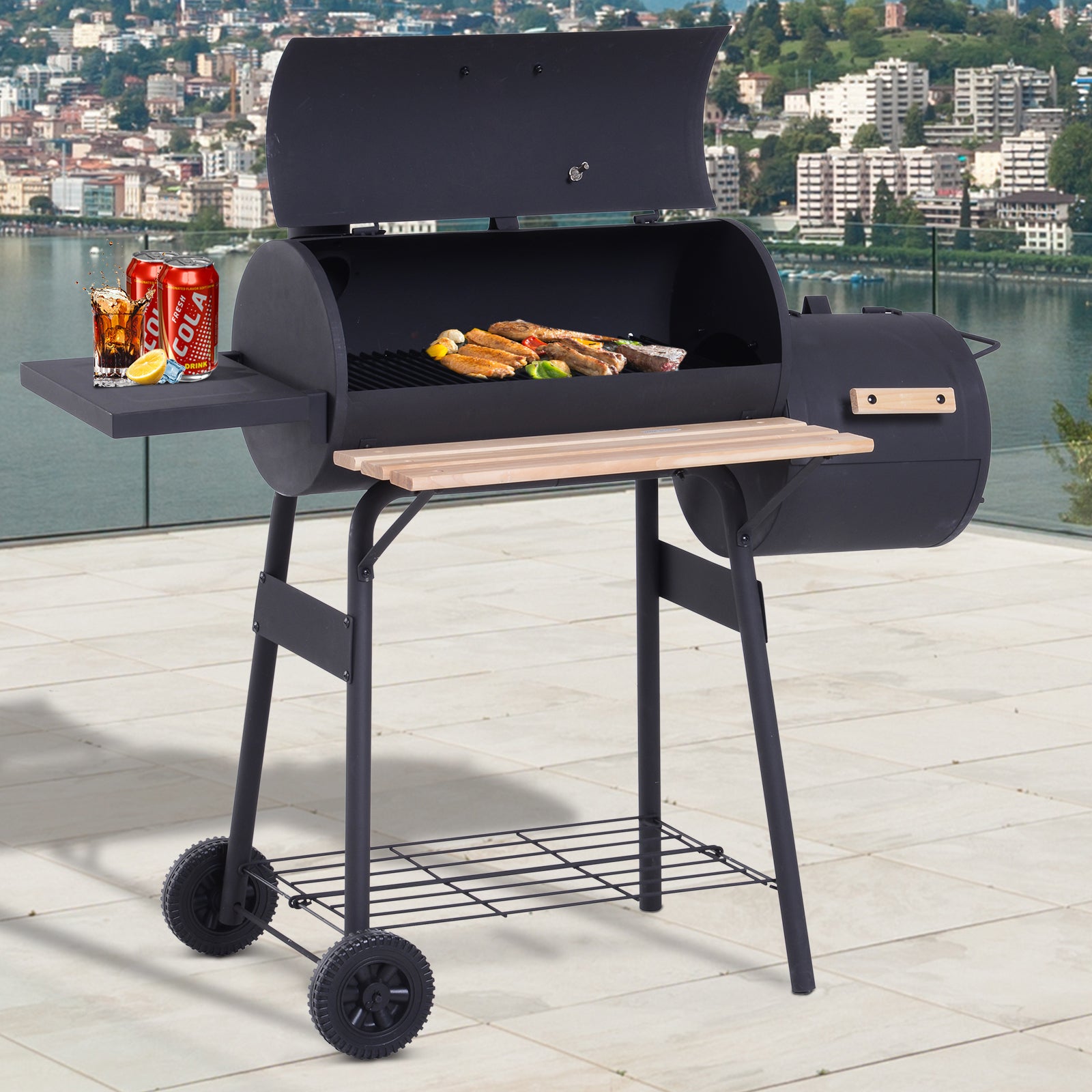 Portable Charcoal BBQ Grill, Cold-rolled Steel & Solid Wood, Black