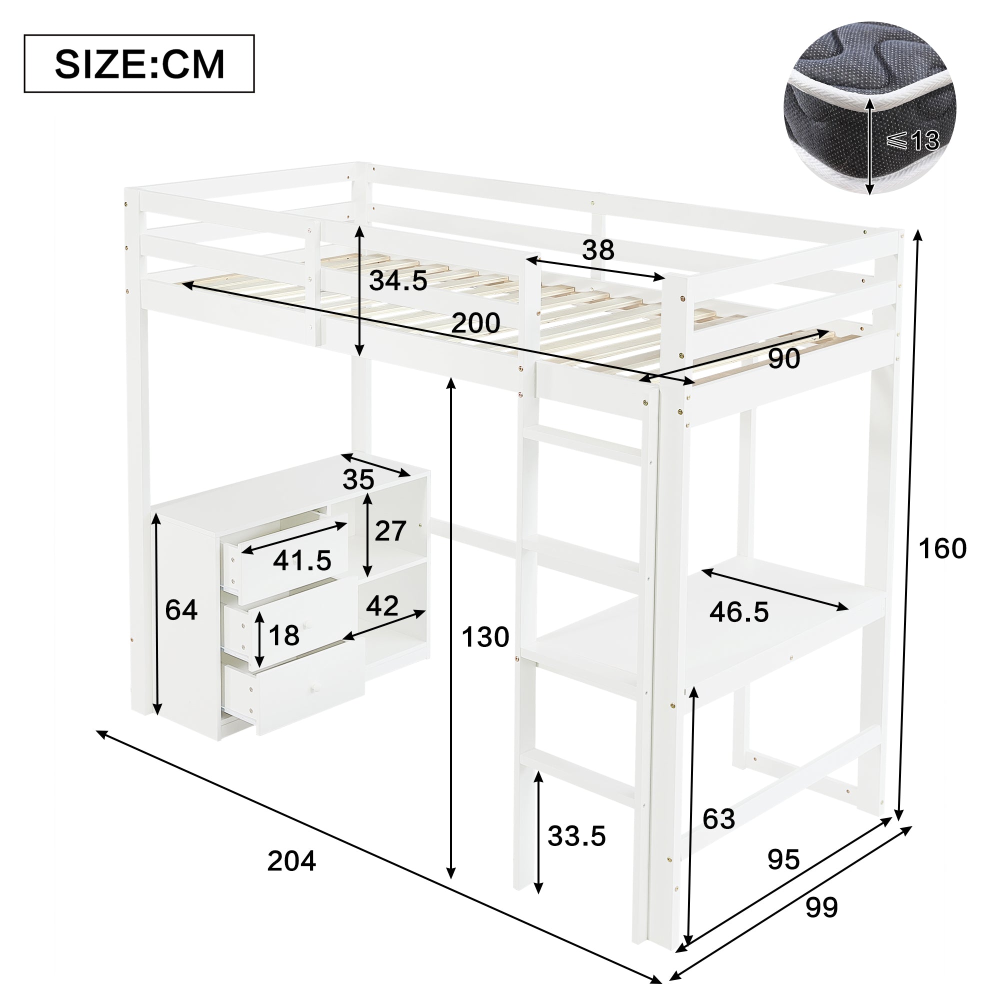 Children's Loft Bed Desk Storage Ladder, White Pine + MDF