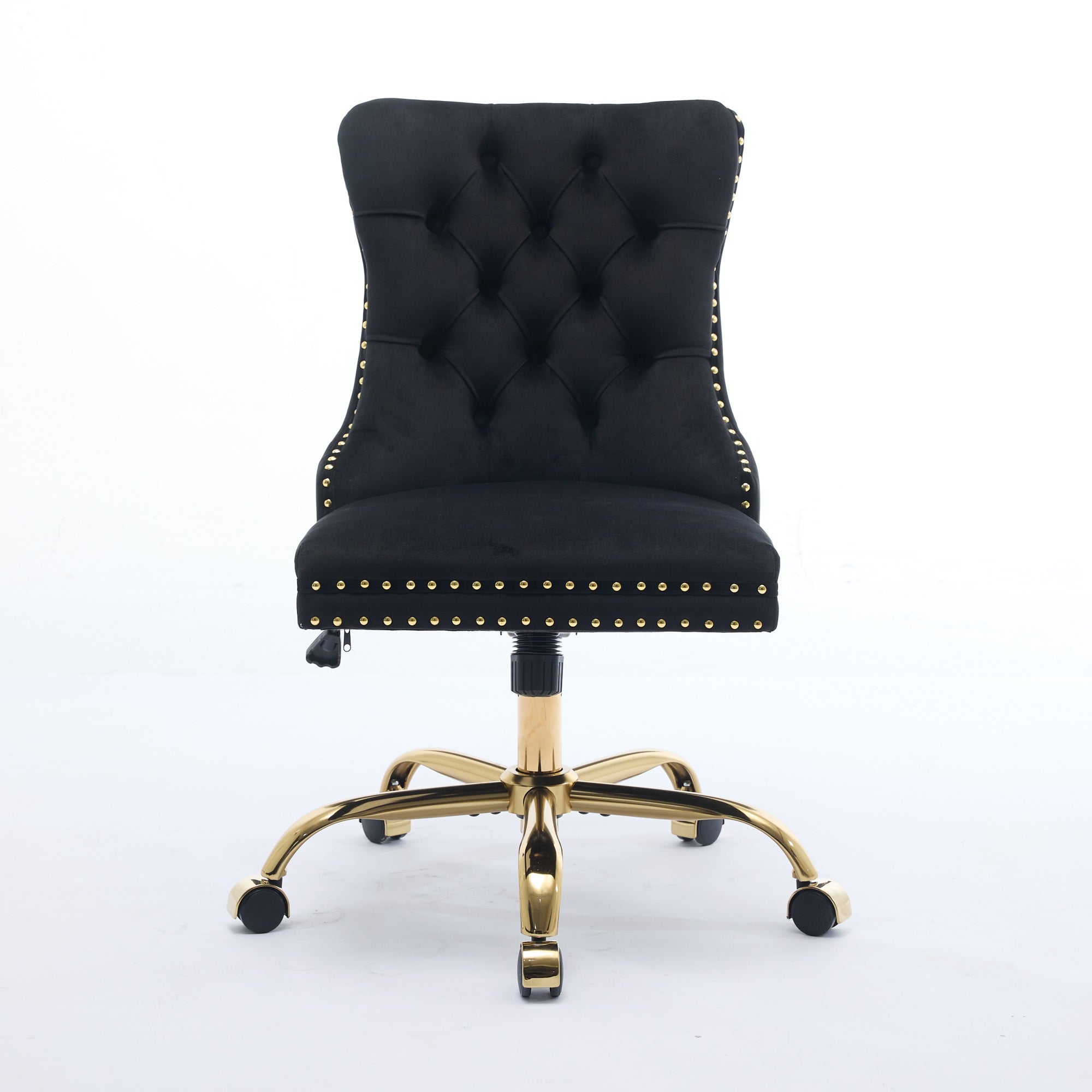Home Office Chair Velvet Upholstered Tufted Swivel Adjustable Golden Base - Black