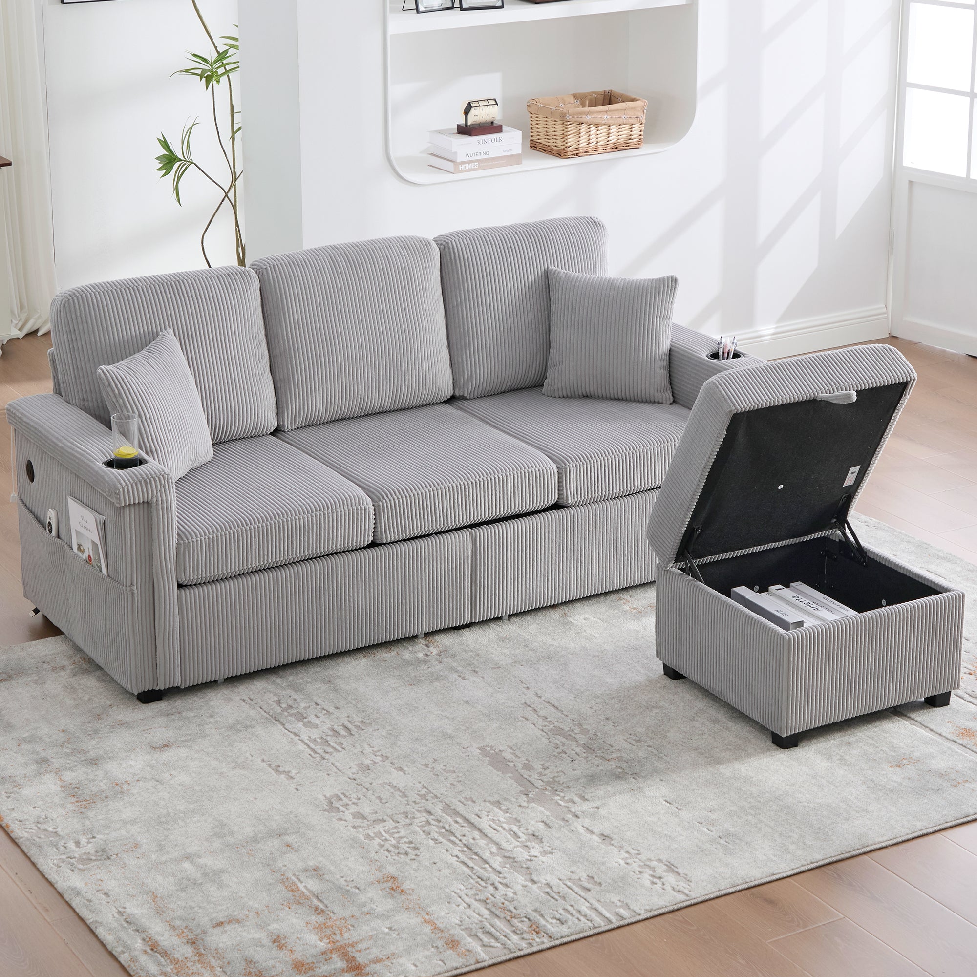 Velvet Sofa, LED, USB-C, Storage Ottoman, Cup Holders, Side Pockets - Light Gray