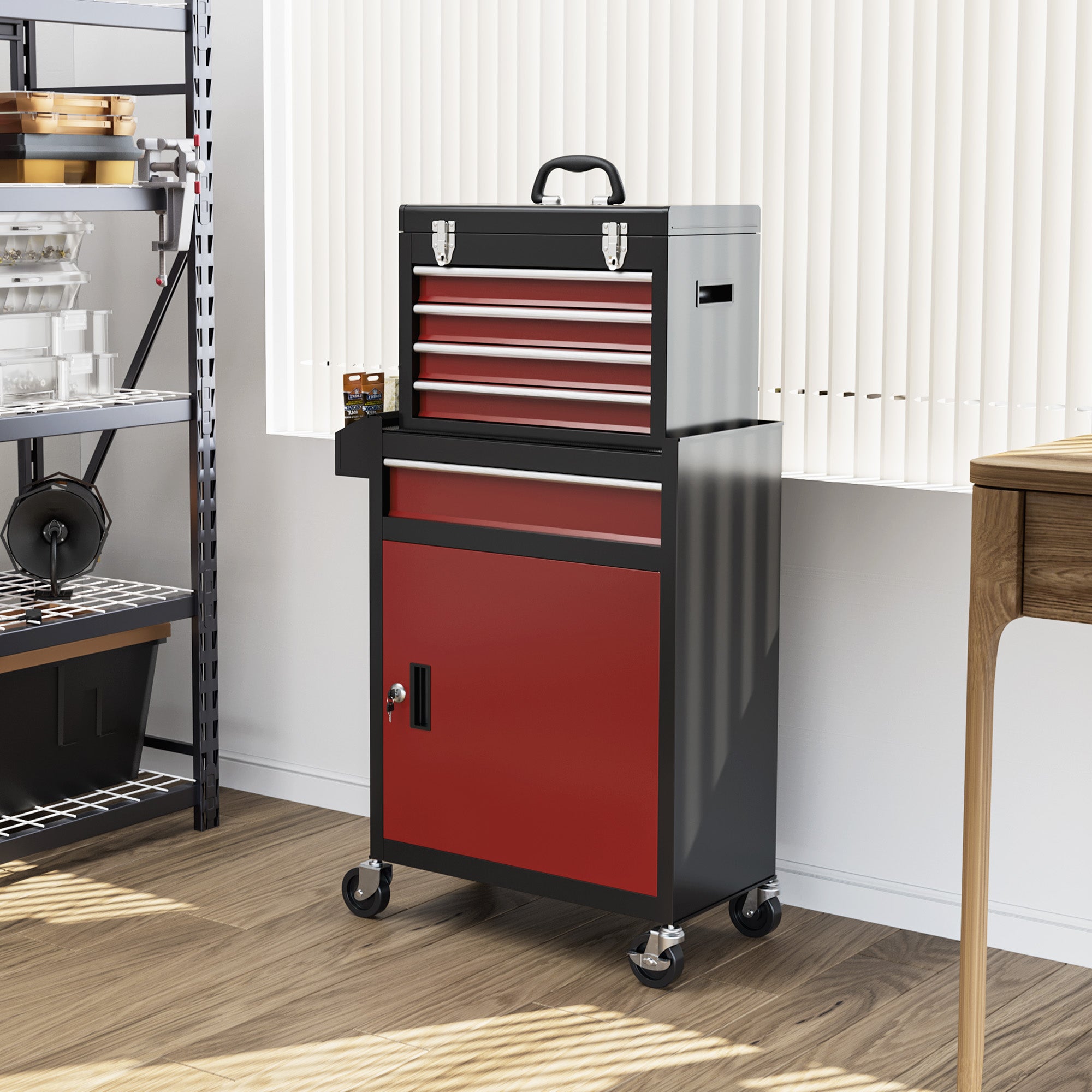 Workshop trolley, 5 drawers, lockable mobile, 130 kg load, steel black and red