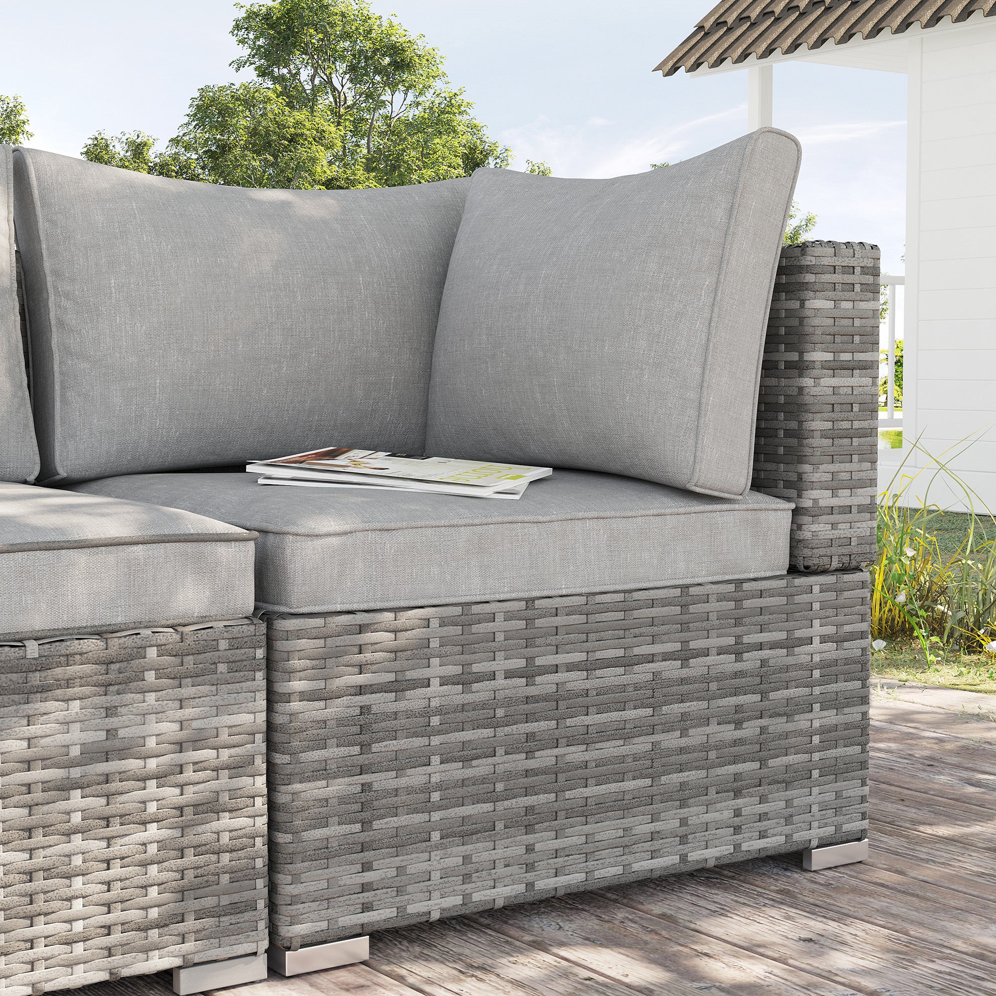 Outdoor PE Rattan Corner Sofa Single Chair with Cushions, Light Grey