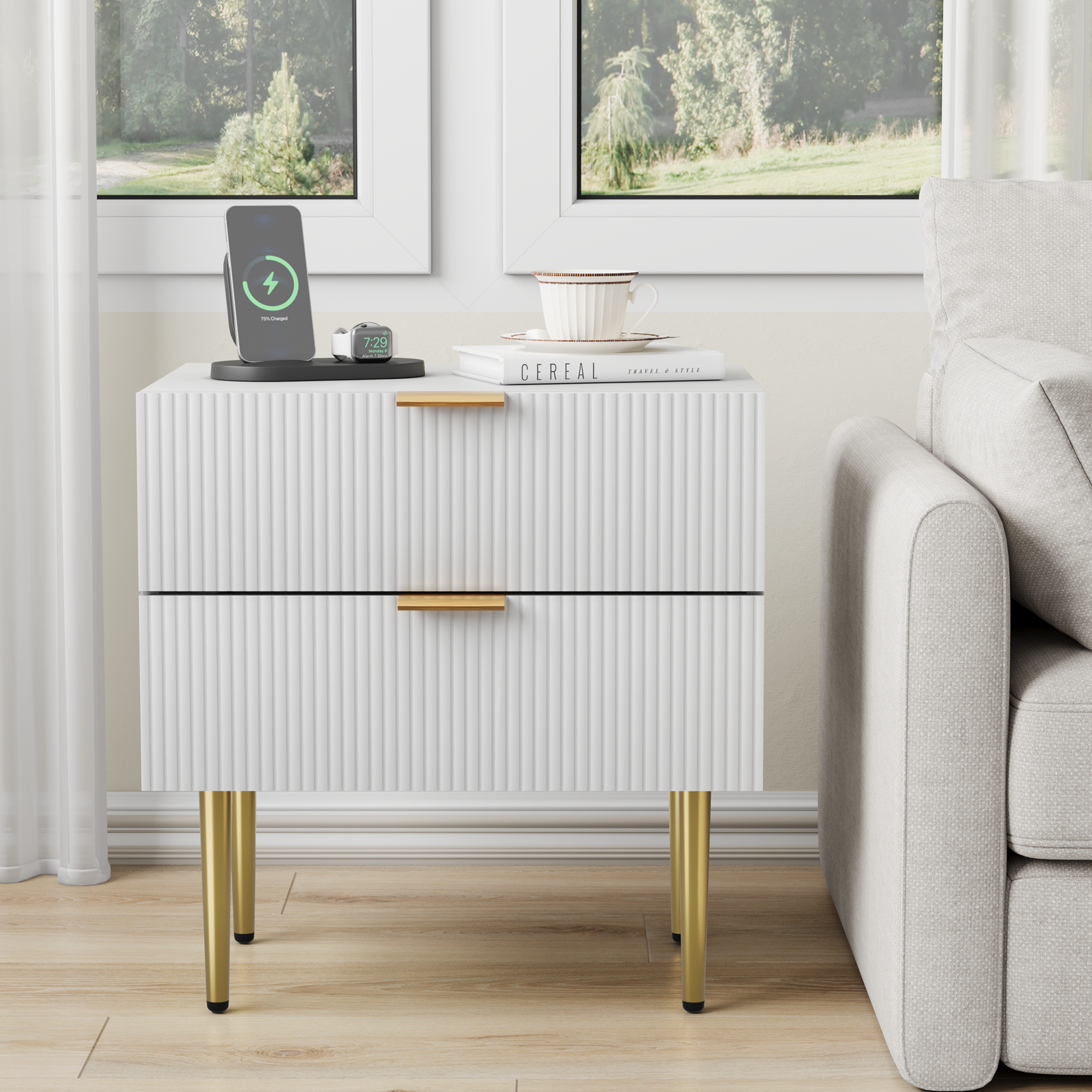 Bedside Table Wave Pattern 2 Drawers Metal Legs - White