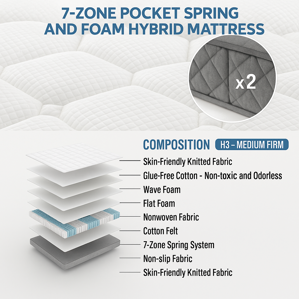 Orthopedic cold foam King mattress, 140x200 cm, 7-zone pocket spring core, H3 medium firm, 20 cm height, vacuum packed