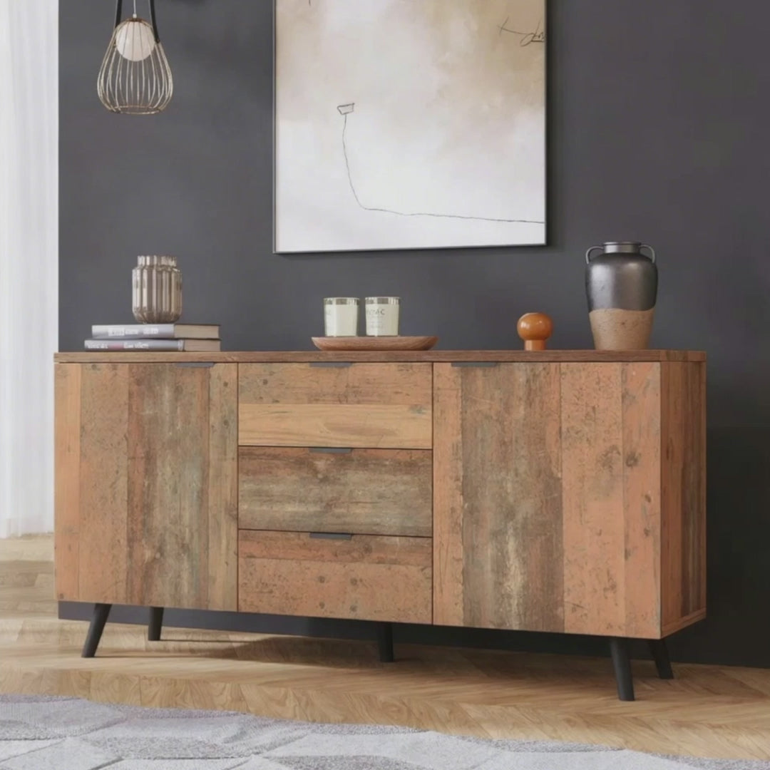 Load video: Sideboard Storage Cupboard with Adjustable Shelves &amp; Three Drawers, 140cm, Vintage Brown